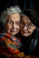 Elderly Asian women wearing glasses embrace warmly, showing genuine friendship and companionship. One wears colorful traditional shawl, other in black. Dark atmospheric portrait.