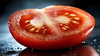 Fresh ripe tomato slice with visible seeds and pulp on dark background with water drops, macro photography showing juicy texture and natural details.