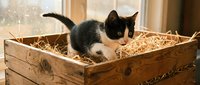 Adorable black and white kitten sitting in rustic wooden crate filled with straw, perfect for pet care, animal shelter, or cozy home decor concepts.