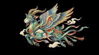 Ornate winged mythical goat creature with colorful traditional Asian art style, isolated on transparent background, ready for t-shirt design, stickers, and print on demand.