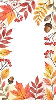 Autumn leaves frame with maple foliage, acorns and berries on white background for seasonal greeting cards, thanksgiving invitations and fall decorations.