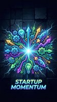Neon glowing startup momentum concept with vibrant arrows, gears, and lightbulbs radiating from central bright core on dark cracked background for business growth marketing.