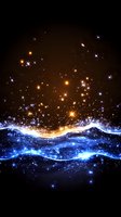 Magical glowing waves with golden and blue light effects, sparkling stars and particles rising against dark background, creating ethereal cosmic atmosphere.