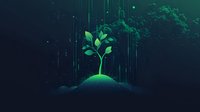 Young green plant sprout growing on hill against dark teal background with glowing particles and digital rain effect, environmental technology concept.