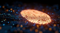 Digital fingerprint scan with orange glow and blue bokeh lights on dark background, modern biometric security technology concept for identity verification.