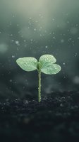 Young green seedling with water drops on leaves emerging from dark soil against moody background with bokeh rain effect. Nature awakening concept.