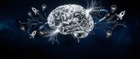 Digital brain with glowing neural networks and lightbulb icons on dark blue background representing artificial intelligence and innovation concepts.