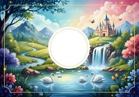 Fairy tale fantasy landscape with swans, waterfall, castle, and glowing round frame for text, perfect for greeting cards and invitations.