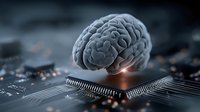 Artificial intelligence brain hovering over computer processor chip with glowing circuits, representing machine learning and neural network technology concepts.