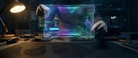 Hacker in dark workspace manipulating holographic interface with neon glow, cybersecurity and digital crime concept for tech and innovation projects.