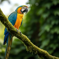 Vibrant blue and gold macaw parrot perched on moss-covered branch in lush tropical rainforest setting with soft bokeh background for wildlife photography.