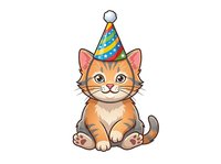 Orange tabby kitten wearing colorful party hat, sitting isolated on white background. Cheerful cartoon cat character suitable for birthday invitations, greeting cards, children's designs, and festive celebrations.