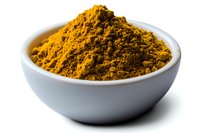 Ground turmeric powder in white ceramic bowl on white background. Bright yellow-orange aromatic spice used in cooking and natural medicine. Isolated with shadow.