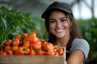 Young Hispanic female farmer holding wooden crate of fresh organic bell peppers at greenhouse. Sustainable agriculture and local food production concept.