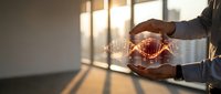 Professional businessman hands holding glowing lightbulb with brain inside symbolizing innovation creativity and bright ideas in modern office setting.