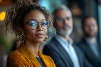 Young African American businesswoman with curly hair and glasses wearing mustard yellow sweater smiling confidently with diverse team members in background.