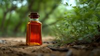 Small glass bottle with amber liquid and cork stopper placed on forest floor surrounded by green foliage, creating natural wellness scene.