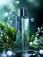 Crystal clear glass bottle with sparkling water drops and bubbles against fresh green nature background, metallic cap reflecting light, bokeh effects create luxury mood.