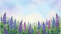 Watercolor lupine flowers field with purple blooms and green foliage against soft pastel sky background for spring garden design and botanical artwork.