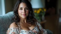 Young Hispanic woman with dark wavy hair wearing floral off-shoulder dress sits relaxed on green couch, soft natural window lighting creates intimate portrait atmosphere.