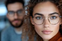 Young mixed-race woman with curly hair and glasses in foreground, bearded man blurred in background, modern office or cafe setting for business concepts.