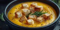 Creamy pumpkin soup with golden croutons and fresh rosemary in black bowl. Comfort food for autumn dining and seasonal restaurant menus.