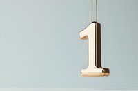 Golden metallic number one hanging on string against light blue background, minimalist design concept for rankings, achievements and success.