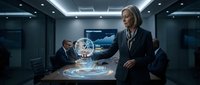 Professional blonde businesswoman examining holographic data visualization in modern corporate boardroom with colleague in background.