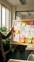 Person with medium skin tone in business casual attire organizing workflow diagram on cork board with sticky notes and sketches in bright office space with natural light.