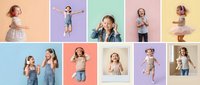 Diverse children expressing joy and playfulness in colorful studio portraits with vibrant backgrounds for commercial and lifestyle projects.