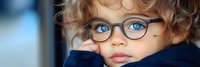 Young blonde curly-haired child wearing glasses looking thoughtful with hand near face, portrait of cute toddler boy with blue eyes in casual clothing.