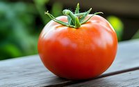 Fresh ripe red tomato with green stem and leaves on wooden surface against blurred garden background, macro food photography for healthy eating.