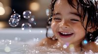 Joyful Asian child laughing while playing in bath with soap bubbles, water drops and bokeh lights creating magical atmosphere for childhood memories and hygiene concepts.
