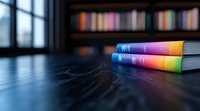 Colorful hardcover books with rainbow-colored spines arranged on dark wooden table against blurred bookshelf background in moody lighting, creating atmospheric study scene.