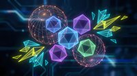 Glowing neon geometric shapes and wireframe spheres on dark tech background, digital art concept for science, gaming, or futuristic design.