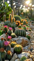 Beautiful blooming cacti garden with pink flowers and various succulent species arranged among decorative rocks, perfect for desert landscaping inspiration and botanical design.