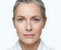 Middle-aged Caucasian woman face showing aging process with half young half mature skin comparison for skincare and anti-aging treatment concepts.