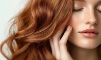 Close-up portrait of young woman with natural freckles and flowing auburn hair touching her face, showcasing beauty and skincare concept.