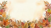 Watercolor autumn border with colorful fall leaves, berries, and branches on a warm beige background with copy space for text.