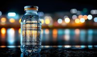 Water bottle with condensation against blurred city lights at night, creating atmospheric reflections on wet surface.