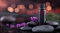 Amber essential oil bottle on spa stones with pine branch and purple flowers against blurred bokeh background in warm tones.