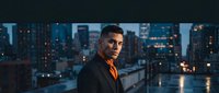 Young African American businessman in suit standing on urban rooftop at dusk with city skyline and glowing windows in background for corporate lifestyle content.