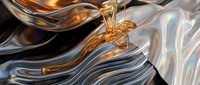 Liquid gold honey pouring creating flowing ribbons and waves with metallic reflections on glossy surface for luxury food and beverage concepts.