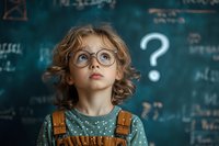 Curious young Caucasian girl with glasses and curly hair looking up thoughtfully at chalkboard with question mark, wearing polka dot shirt and overalls.
