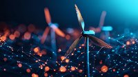 Wind turbine with glowing network connections and orange bokeh lights against dark blue background, representing renewable energy and smart grid technology.