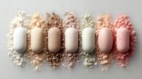 Makeup powder swatches in various nude and pink tones arranged in row with crushed powder texture background, cosmetic product flatlay for beauty industry.