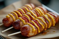 Grilled spiral-cut hot dogs on wooden skewers with yellow mustard drizzle, close-up view showing juicy texture and grill marks on brown parchment paper.