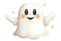 Cute cartoon ghost with rosy cheeks and friendly smile floating among small orange stars, perfect for Halloween designs and festive autumn projects.