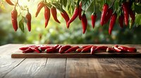 Fresh red chili peppers hanging from plant with scattered dried chilies on rustic wooden table surface for culinary cooking and spice preparation.