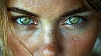 Close-up portrait of a young woman with fair skin, freckles, and striking green eyes with natural makeup, suitable for beauty, skincare, and cosmetics advertising.